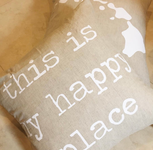 My Happy Place Square Natural Linen Pillow Cover